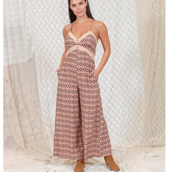 Coco + Jaimeson Brown Geo V-Neck Sleeveless Printed Spaghetti Strap Jumpsuit NWT - Picture 14 of 14
